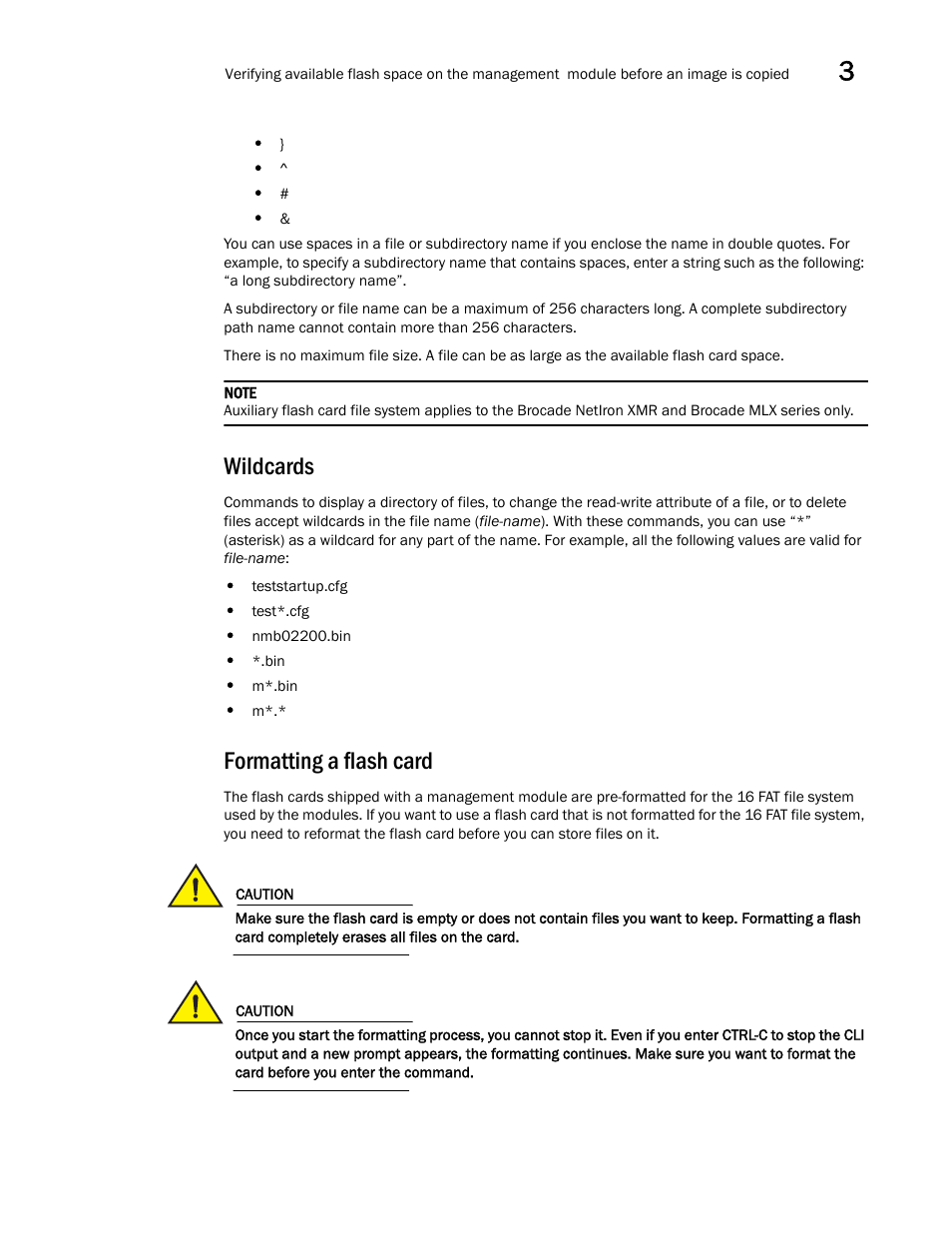 Wildcards, Formatting a flash card | Brocade Multi-Service IronWare Switching Configuration Guide (Supporting R05.6.00) User Manual | Page 95 / 984