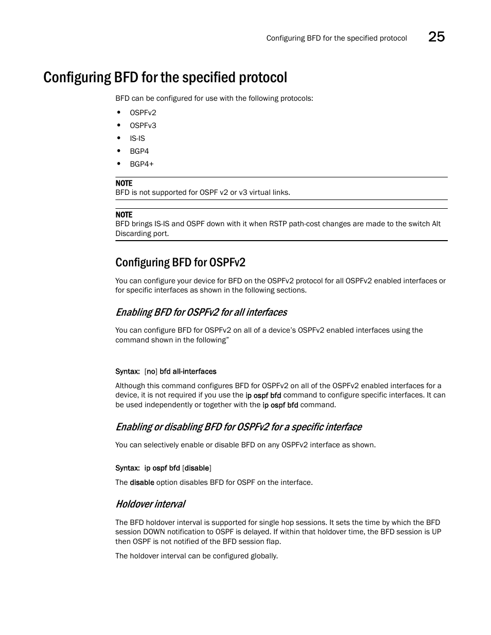 Configuring bfd for the specified protocol, Configuring bfd for ospfv2, Enabling bfd for ospfv2 for all interfaces | Holdover interval | Brocade Multi-Service IronWare Switching Configuration Guide (Supporting R05.6.00) User Manual | Page 951 / 984