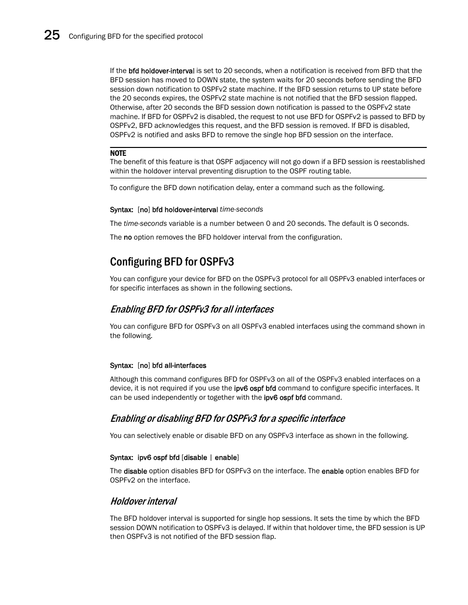 Configuring bfd for ospfv3, Enabling bfd for ospfv3 for all interfaces, Holdover interval | Brocade Multi-Service IronWare Switching Configuration Guide (Supporting R05.6.00) User Manual | Page 952 / 984