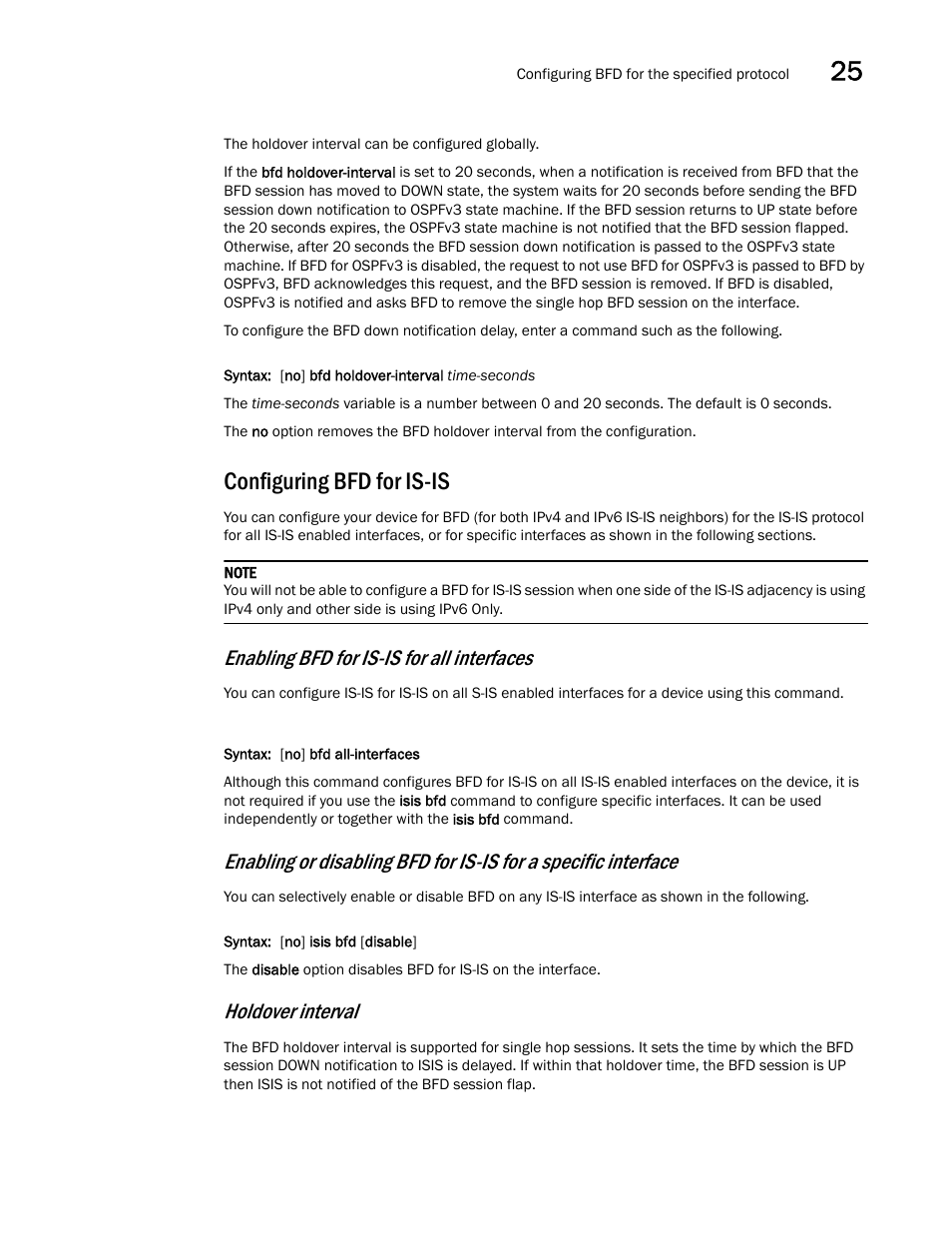 Configuring bfd for is-is, Enabling bfd for is-is for all interfaces, Holdover interval | Brocade Multi-Service IronWare Switching Configuration Guide (Supporting R05.6.00) User Manual | Page 953 / 984