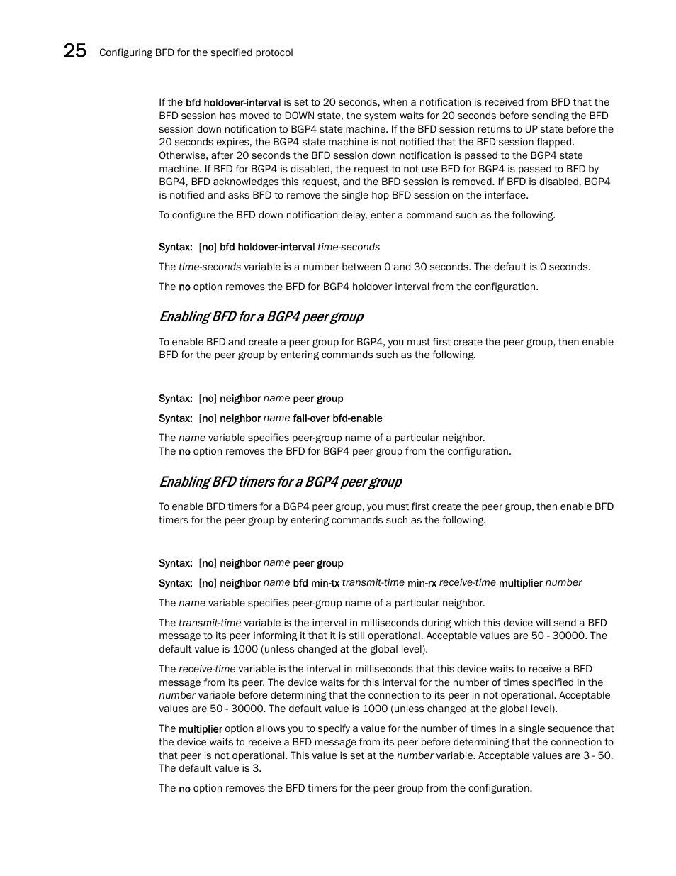 Enabling bfd for a bgp4 peer group, Enabling bfd timers for a bgp4 peer group | Brocade Multi-Service IronWare Switching Configuration Guide (Supporting R05.6.00) User Manual | Page 956 / 984