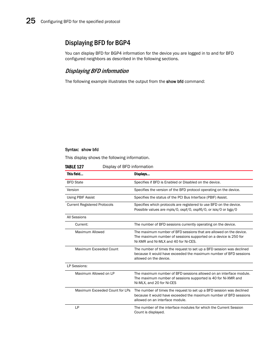 Displaying bfd for bgp4, Displaying bfd information | Brocade Multi-Service IronWare Switching Configuration Guide (Supporting R05.6.00) User Manual | Page 958 / 984