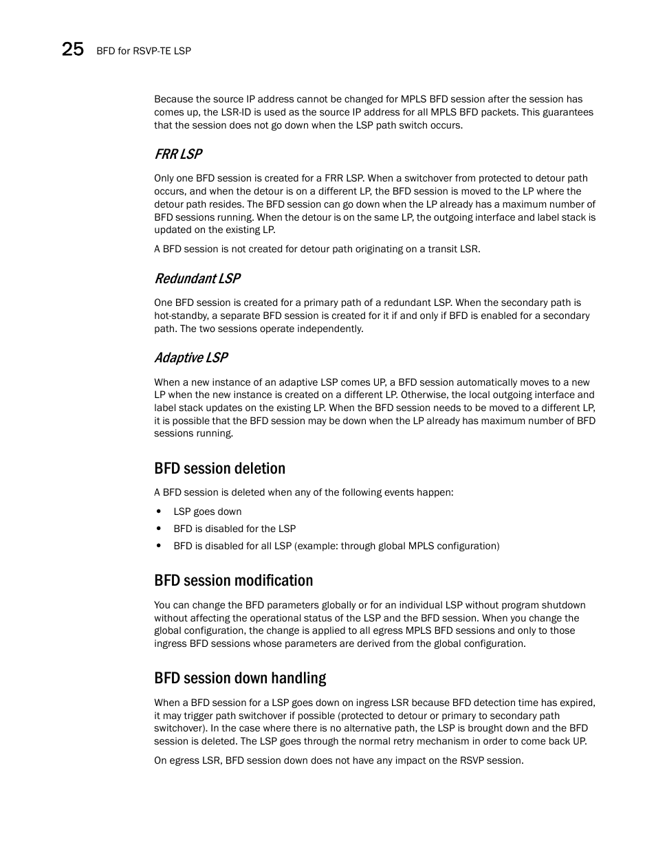 Bfd session deletion, Bfd session modification, Bfd session down handling | Frr lsp, Redundant lsp, Adaptive lsp | Brocade Multi-Service IronWare Switching Configuration Guide (Supporting R05.6.00) User Manual | Page 964 / 984