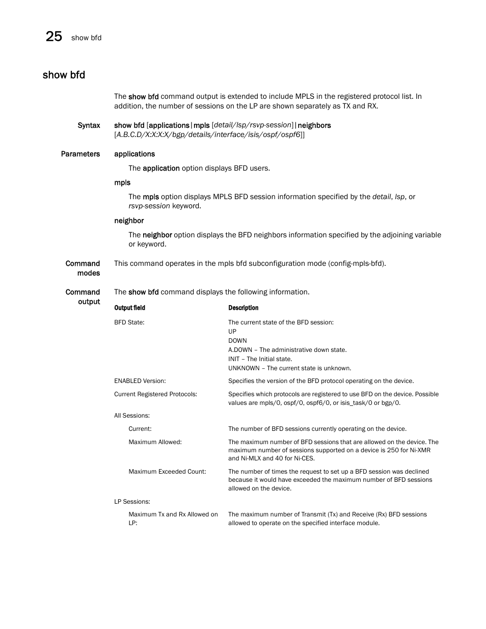 Show bfd | Brocade Multi-Service IronWare Switching Configuration Guide (Supporting R05.6.00) User Manual | Page 966 / 984