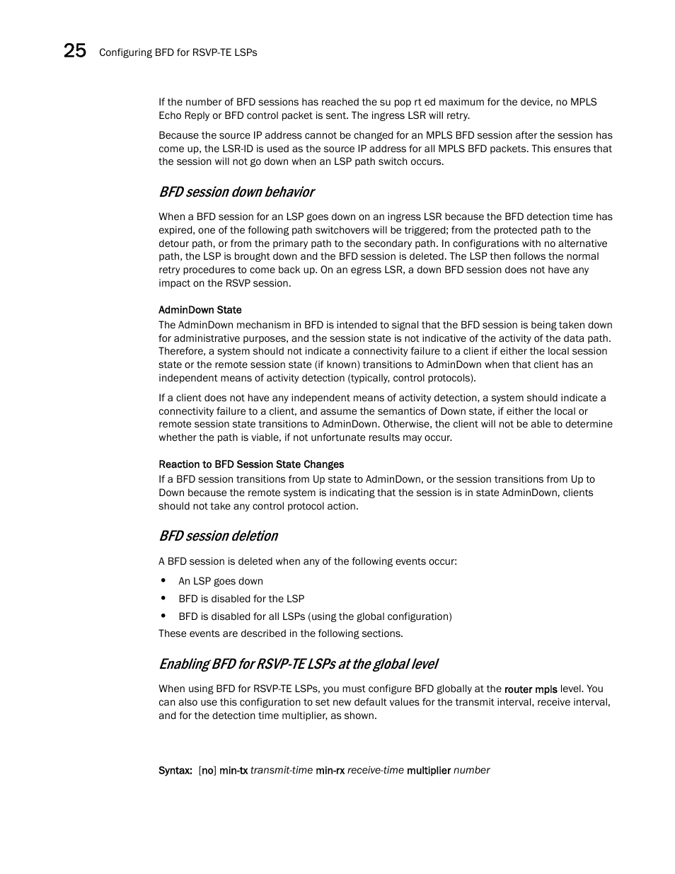 Bfd session down behavior, Bfd session deletion, Enabling bfd for rsvp-te lsps at the global level | Brocade Multi-Service IronWare Switching Configuration Guide (Supporting R05.6.00) User Manual | Page 978 / 984