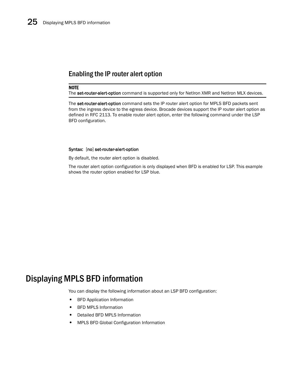 Enabling the ip router alert option, Displaying mpls bfd information | Brocade Multi-Service IronWare Switching Configuration Guide (Supporting R05.6.00) User Manual | Page 980 / 984