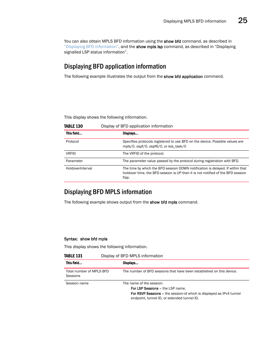 Displaying bfd application information, Displaying bfd mpls information | Brocade Multi-Service IronWare Switching Configuration Guide (Supporting R05.6.00) User Manual | Page 981 / 984