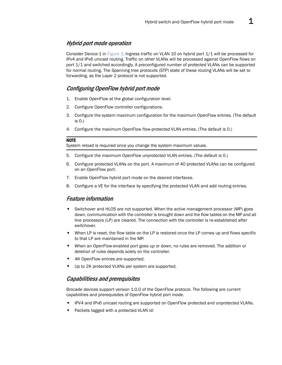 Hybrid port mode operation, Configuring openflow hybrid port mode, Feature information | Capabilitiess and prerequisites | Brocade Multi-Service IronWare Software Defined Networking (SDN) Configuration Guide (Supporting R05.6.00) User Manual | Page 19 / 44