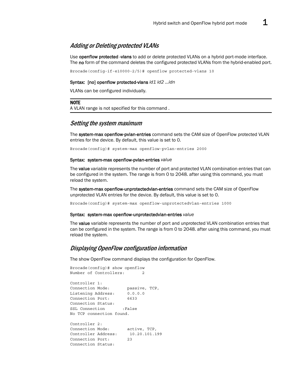 Adding or deleting protected vlans, Setting the system maximum, Displaying openflow configuration information | Brocade Multi-Service IronWare Software Defined Networking (SDN) Configuration Guide (Supporting R05.6.00) User Manual | Page 21 / 44