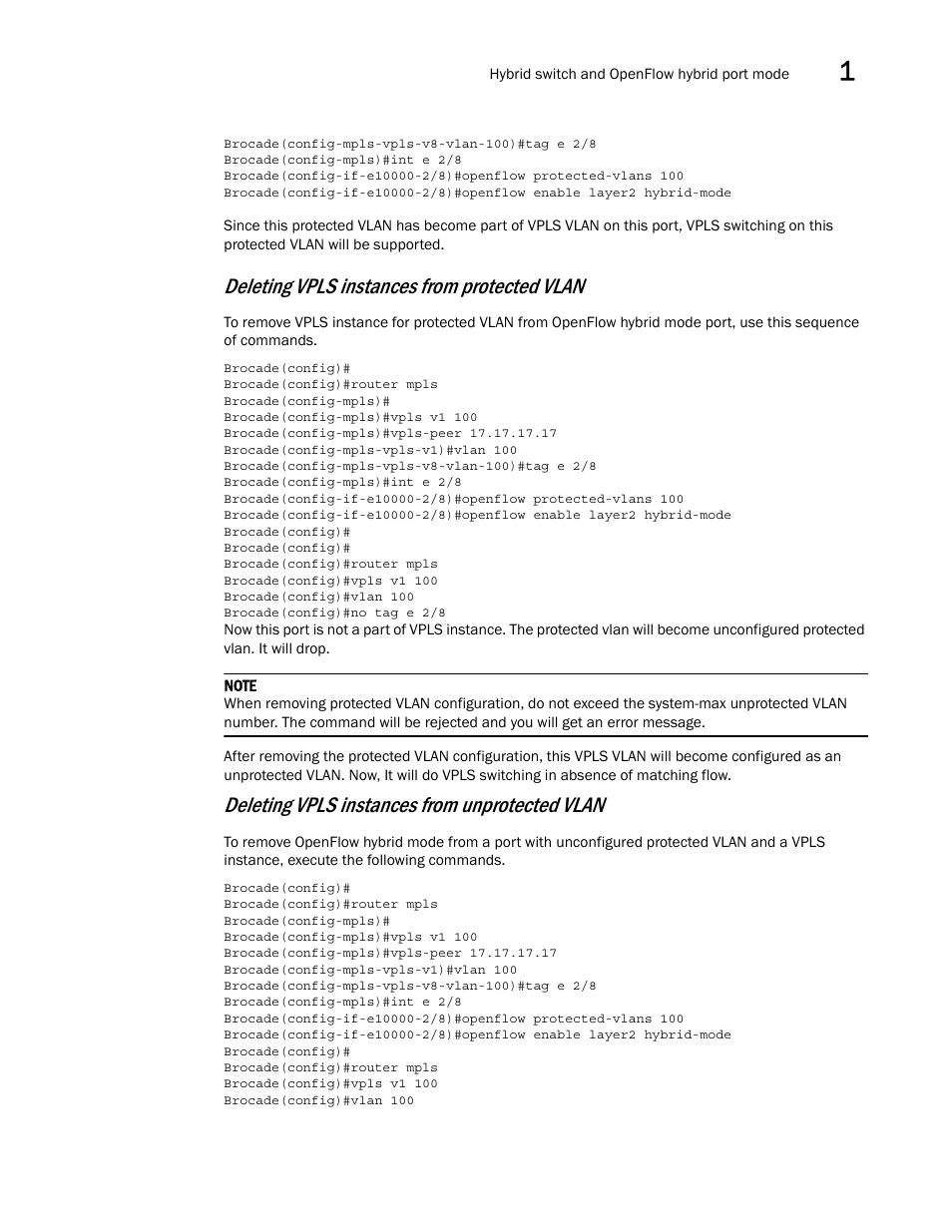 Deleting vpls instances from protected vlan, Deleting vpls instances from unprotected vlan | Brocade Multi-Service IronWare Software Defined Networking (SDN) Configuration Guide (Supporting R05.6.00) User Manual | Page 25 / 44