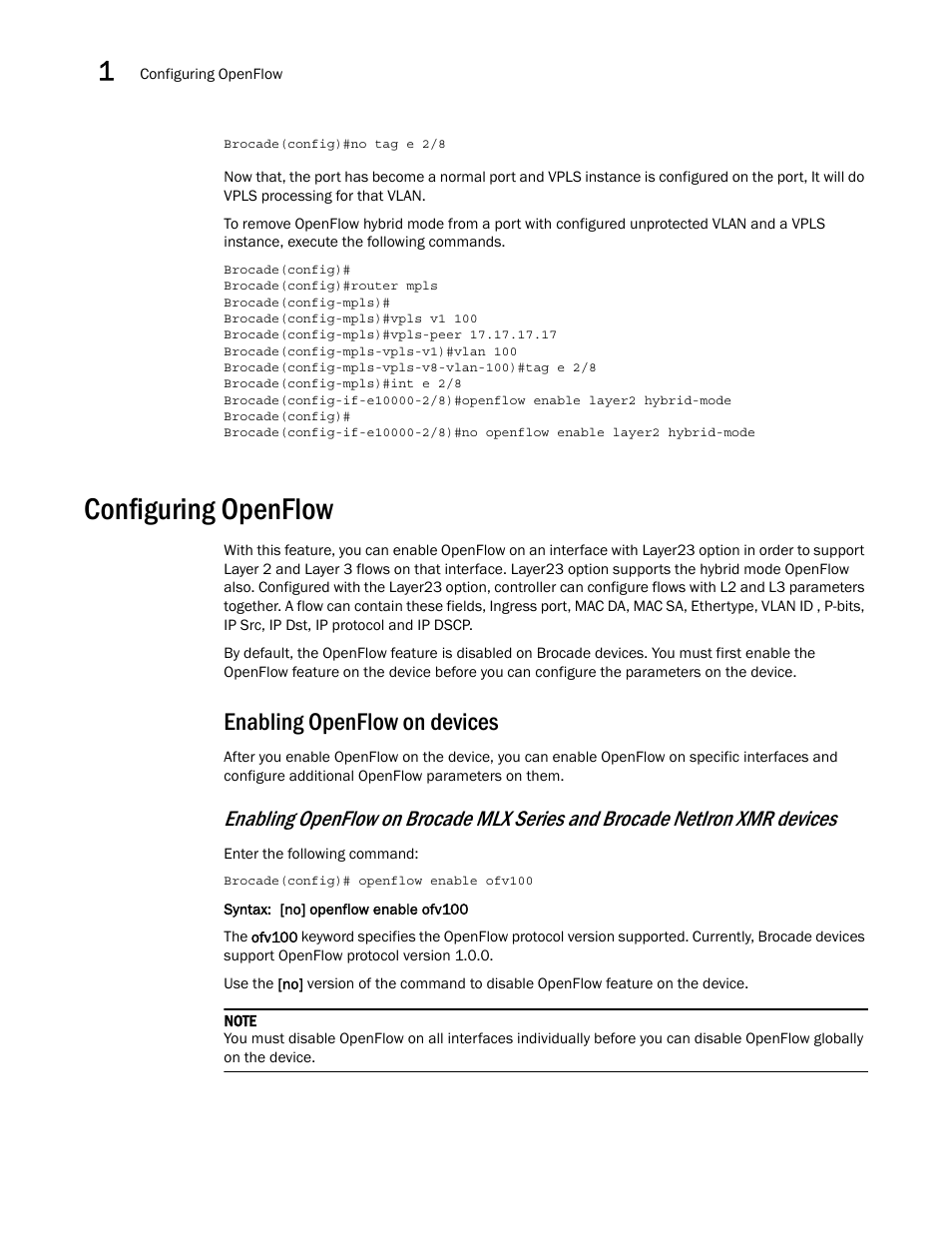 Configuring openflow, Enabling openflow on devices | Brocade Multi-Service IronWare Software Defined Networking (SDN) Configuration Guide (Supporting R05.6.00) User Manual | Page 26 / 44