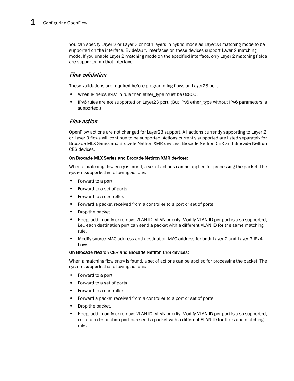 Flow validation, Flow action | Brocade Multi-Service IronWare Software Defined Networking (SDN) Configuration Guide (Supporting R05.6.00) User Manual | Page 28 / 44