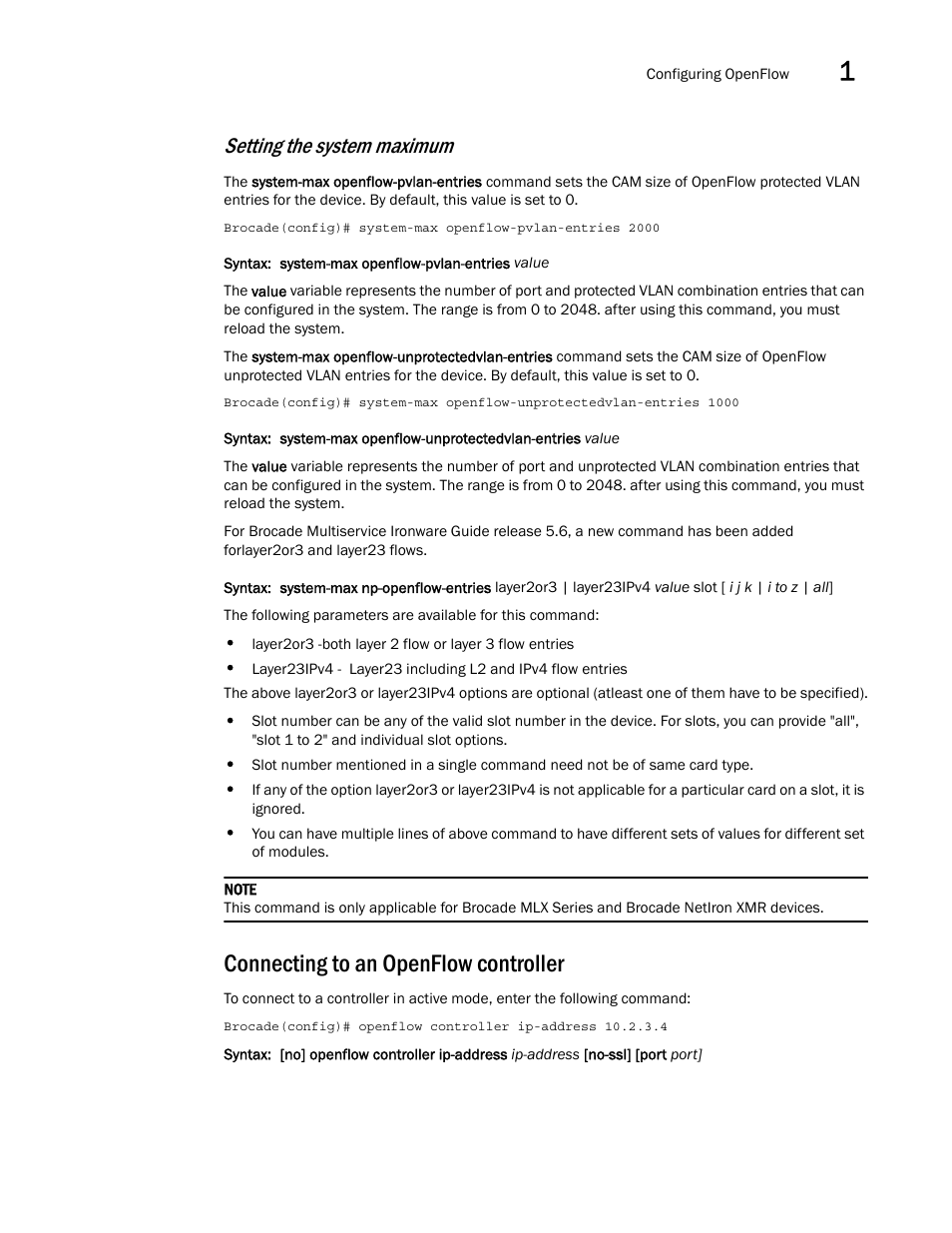 Connecting to an openflow controller, Setting the system maximum | Brocade Multi-Service IronWare Software Defined Networking (SDN) Configuration Guide (Supporting R05.6.00) User Manual | Page 29 / 44