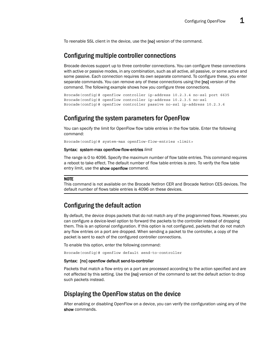 Configuring multiple controller connections, Configuring the system parameters for openflow, Configuring the default action | Displaying the openflow status on the device | Brocade Multi-Service IronWare Software Defined Networking (SDN) Configuration Guide (Supporting R05.6.00) User Manual | Page 31 / 44