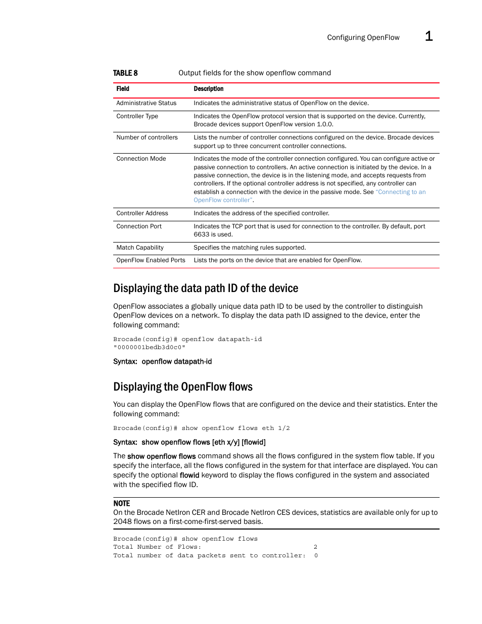 Displaying the data path id of the device, Displaying the openflow flows | Brocade Multi-Service IronWare Software Defined Networking (SDN) Configuration Guide (Supporting R05.6.00) User Manual | Page 35 / 44