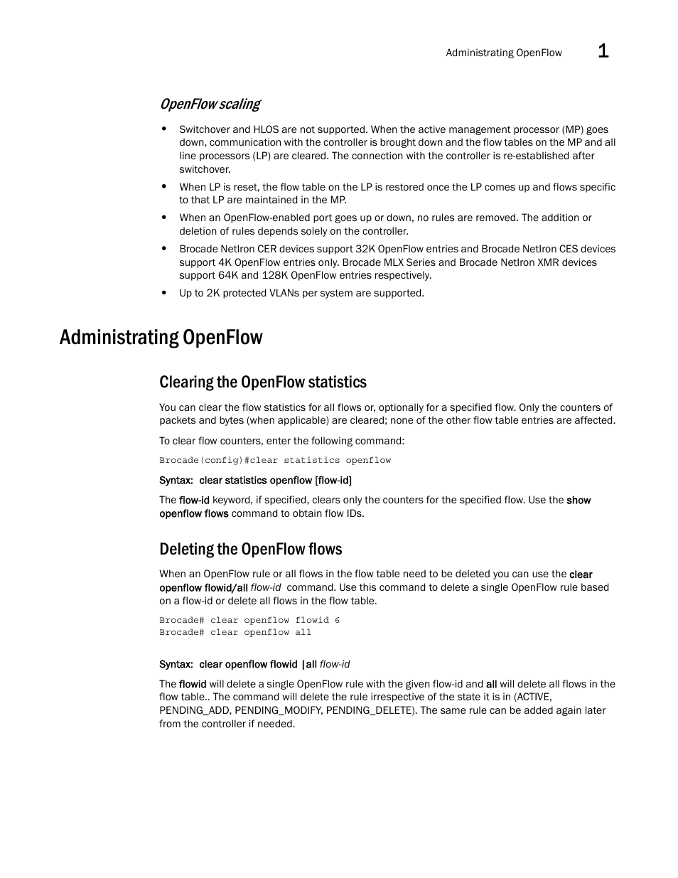 Administrating openflow, Clearing the openflow statistics, Deleting the openflow flows | Openflow scaling | Brocade Multi-Service IronWare Software Defined Networking (SDN) Configuration Guide (Supporting R05.6.00) User Manual | Page 37 / 44