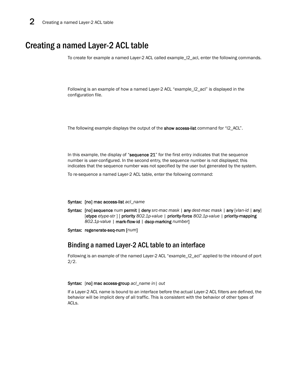 Creating a named layer-2 acl table, Binding a named layer-2 acl table to an interface | Brocade Multi-Service IronWare Security Configuration Guide (Supporting R05.6.00) User Manual | Page 104 / 370