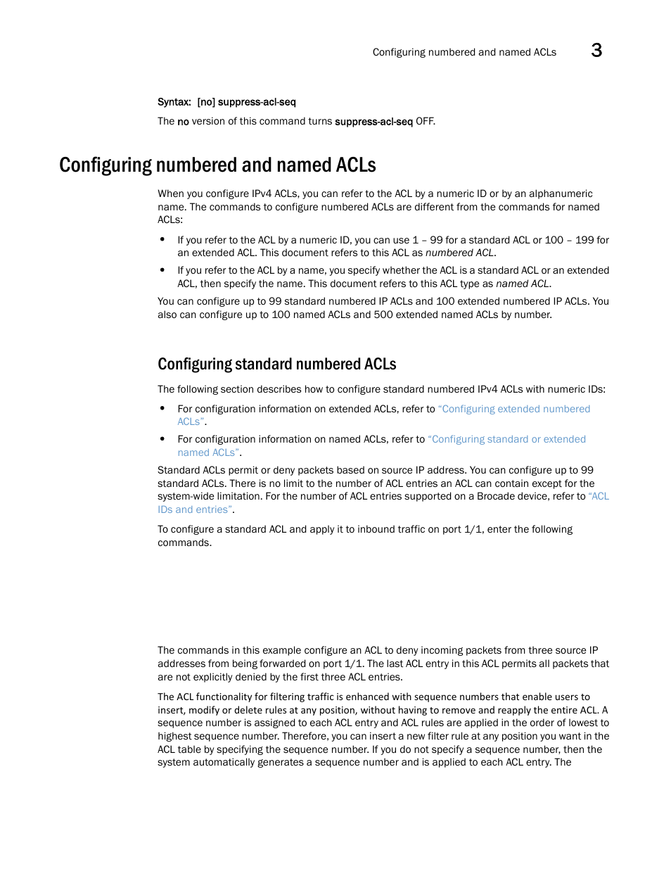 Configuring numbered and named acls, Configuring standard numbered acls | Brocade Multi-Service IronWare Security Configuration Guide (Supporting R05.6.00) User Manual | Page 119 / 370