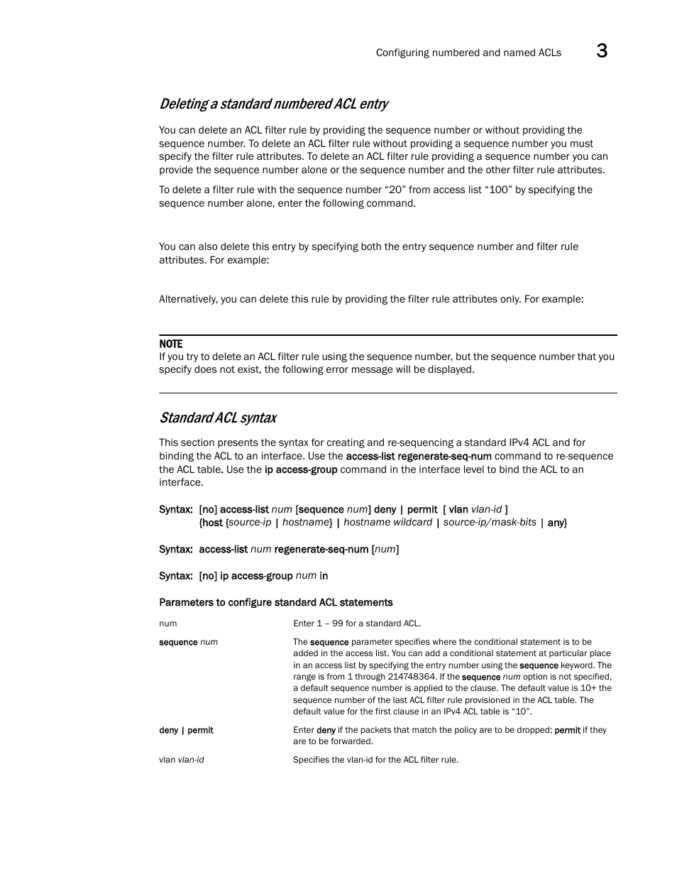 Deleting a standard numbered acl entry, Standard acl syntax | Brocade Multi-Service IronWare Security Configuration Guide (Supporting R05.6.00) User Manual | Page 121 / 370