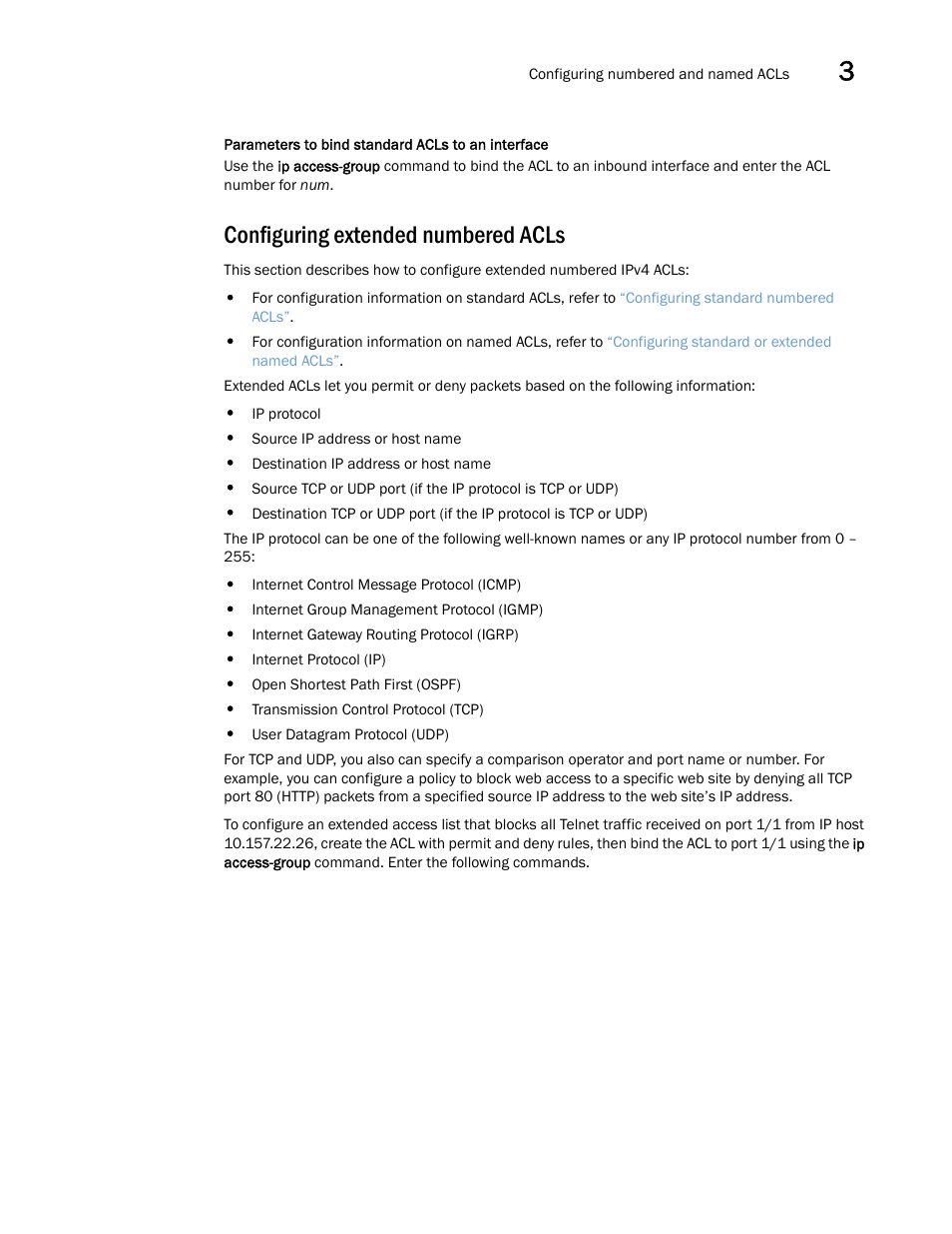 Configuring extended numbered acls, Configuring extended numbered, Acls | Brocade Multi-Service IronWare Security Configuration Guide (Supporting R05.6.00) User Manual | Page 123 / 370