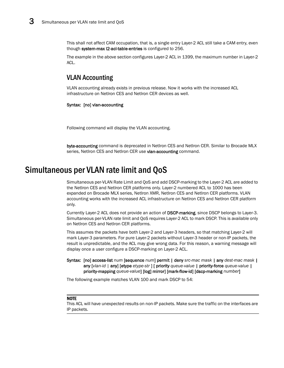 Vlan accounting, Simultaneous per vlan rate limit and qos | Brocade Multi-Service IronWare Security Configuration Guide (Supporting R05.6.00) User Manual | Page 138 / 370