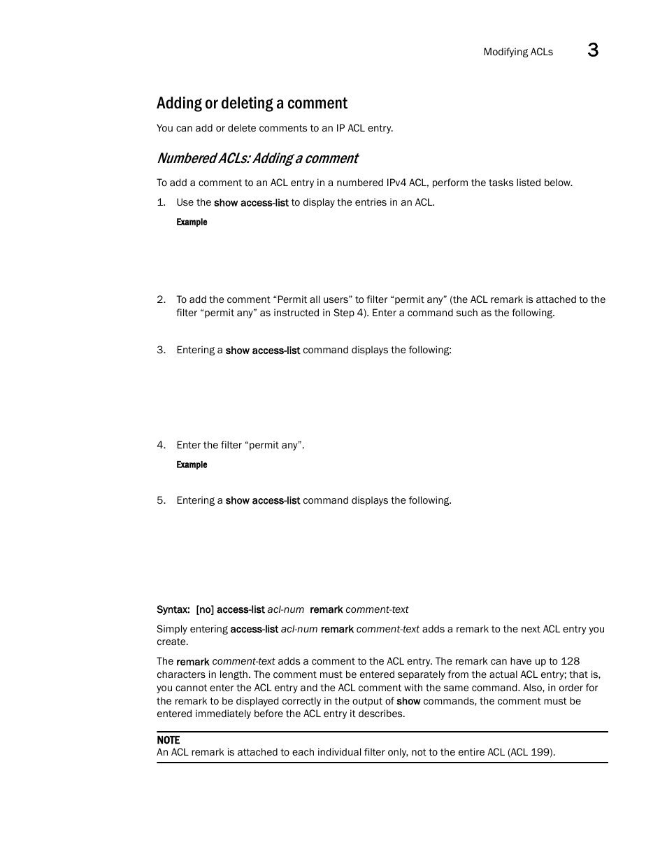 Adding or deleting a comment, Numbered acls: adding a comment | Brocade Multi-Service IronWare Security Configuration Guide (Supporting R05.6.00) User Manual | Page 141 / 370