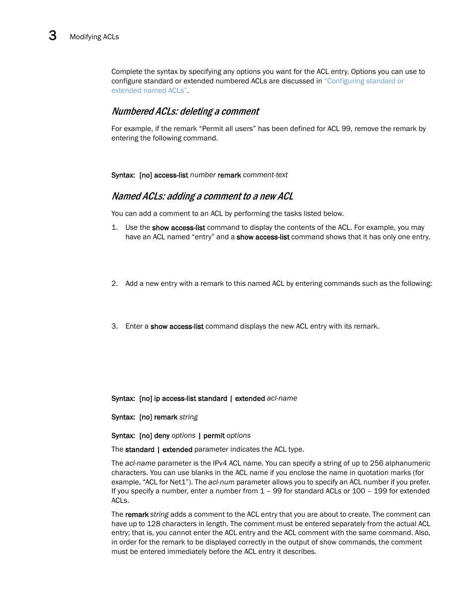 Numbered acls: deleting a comment, Named acls: adding a comment to a new acl | Brocade Multi-Service IronWare Security Configuration Guide (Supporting R05.6.00) User Manual | Page 142 / 370