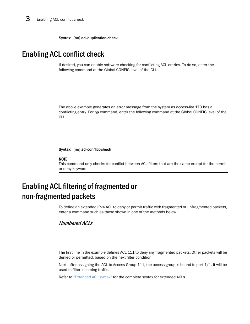 Enabling acl conflict check, Enabling acl filtering of, Fragmented or non-fragmented packets | Enabling acl filtering, Of fragmented or non-fragmented packets, Numbered acls | Brocade Multi-Service IronWare Security Configuration Guide (Supporting R05.6.00) User Manual | Page 146 / 370