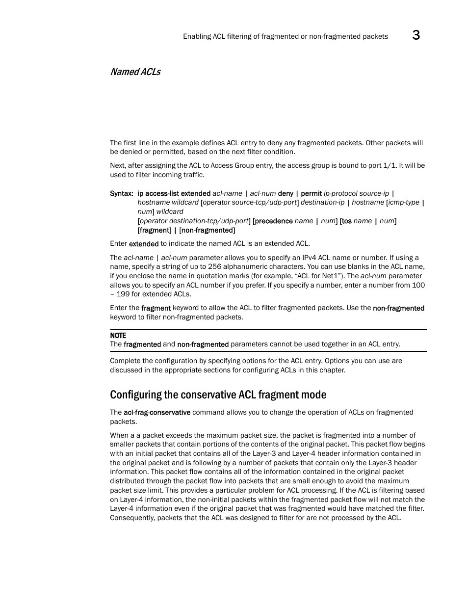 Configuring the conservative acl fragment mode, Named acls | Brocade Multi-Service IronWare Security Configuration Guide (Supporting R05.6.00) User Manual | Page 147 / 370