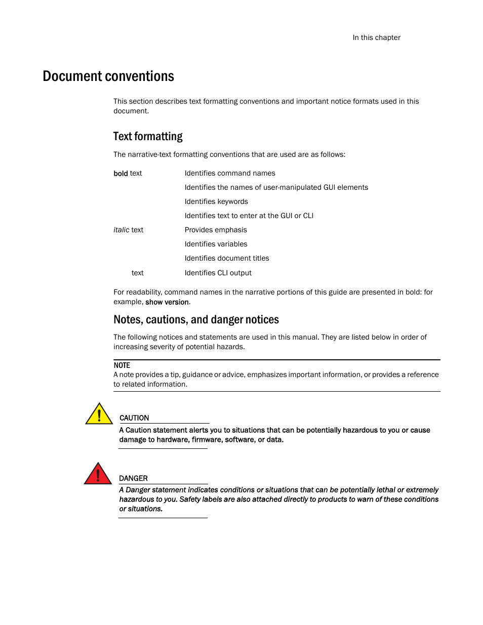 Document conventions, Text formatting, Notes, cautions, and danger notices | Brocade Multi-Service IronWare Security Configuration Guide (Supporting R05.6.00) User Manual | Page 15 / 370