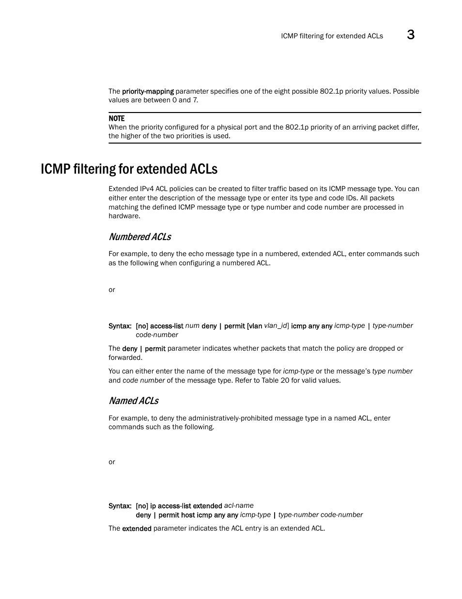 Icmp filtering for extended acls, Numbered acls, Named acls | Brocade Multi-Service IronWare Security Configuration Guide (Supporting R05.6.00) User Manual | Page 155 / 370