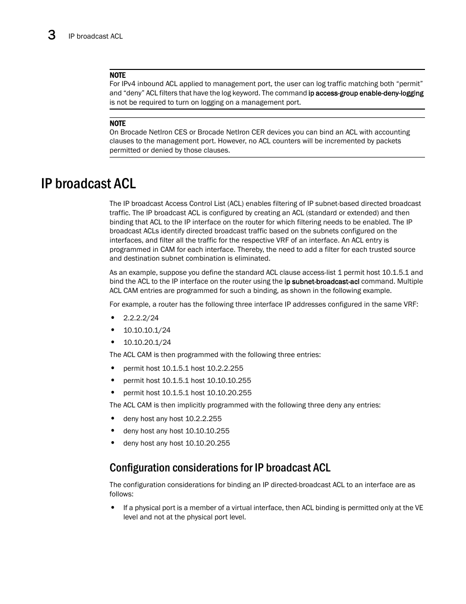 Ip broadcast acl, Configuration considerations for ip broadcast acl | Brocade Multi-Service IronWare Security Configuration Guide (Supporting R05.6.00) User Manual | Page 158 / 370