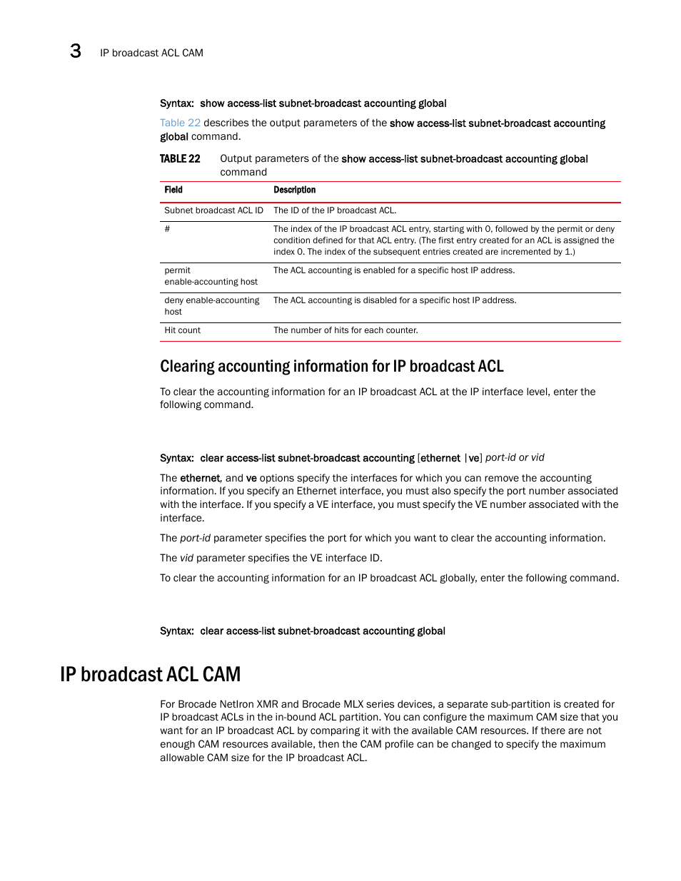 Ip broadcast acl cam | Brocade Multi-Service IronWare Security Configuration Guide (Supporting R05.6.00) User Manual | Page 162 / 370