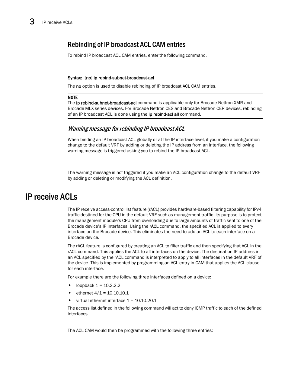 Rebinding of ip broadcast acl cam entries, Ip receive acls, Warning message for rebinding ip broadcast acl | Brocade Multi-Service IronWare Security Configuration Guide (Supporting R05.6.00) User Manual | Page 164 / 370