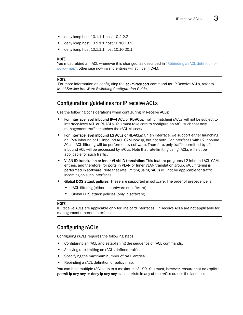 Configuration guidelines for ip receive acls, Configuring racls | Brocade Multi-Service IronWare Security Configuration Guide (Supporting R05.6.00) User Manual | Page 165 / 370