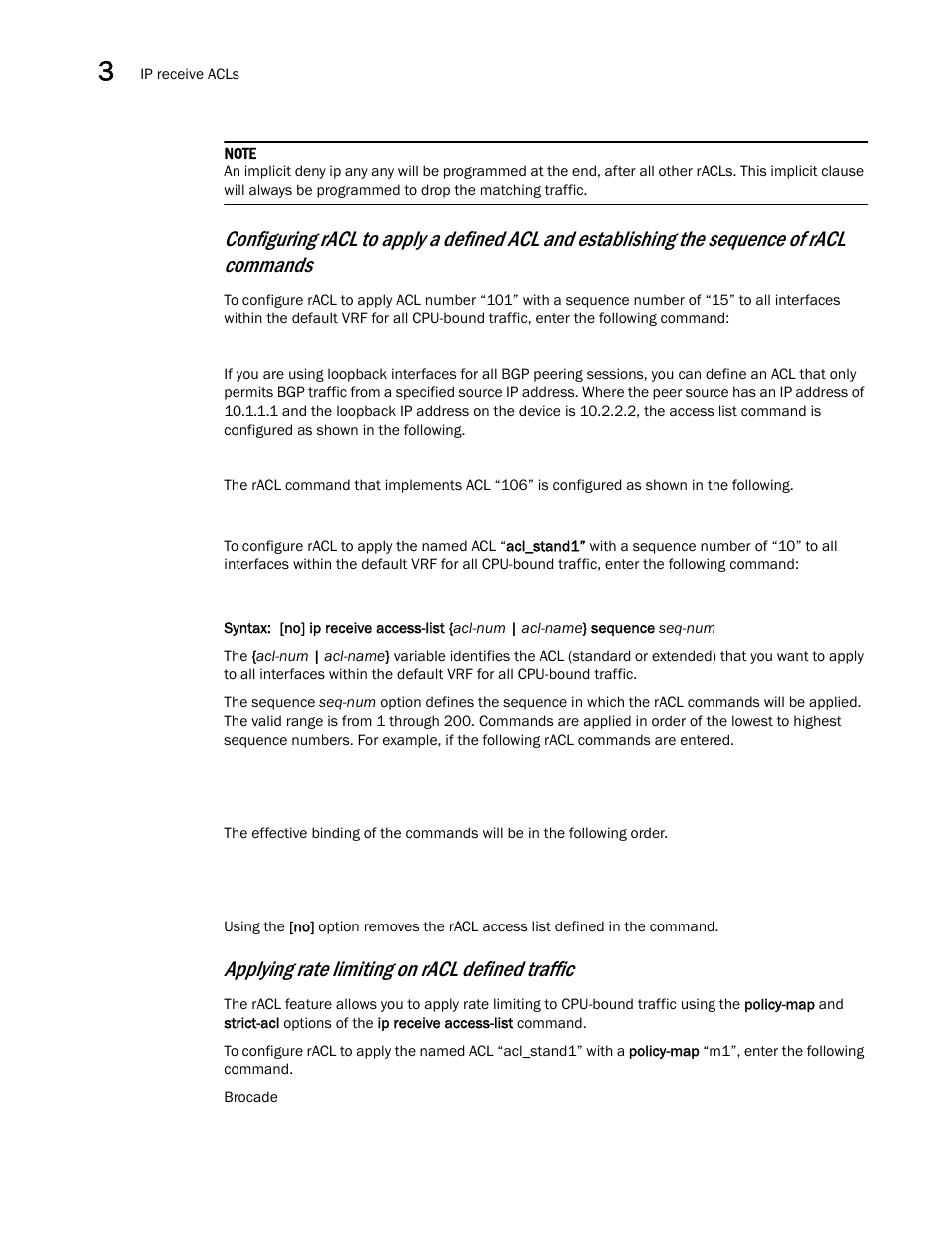 Applying rate limiting on racl defined traffic | Brocade Multi-Service IronWare Security Configuration Guide (Supporting R05.6.00) User Manual | Page 166 / 370