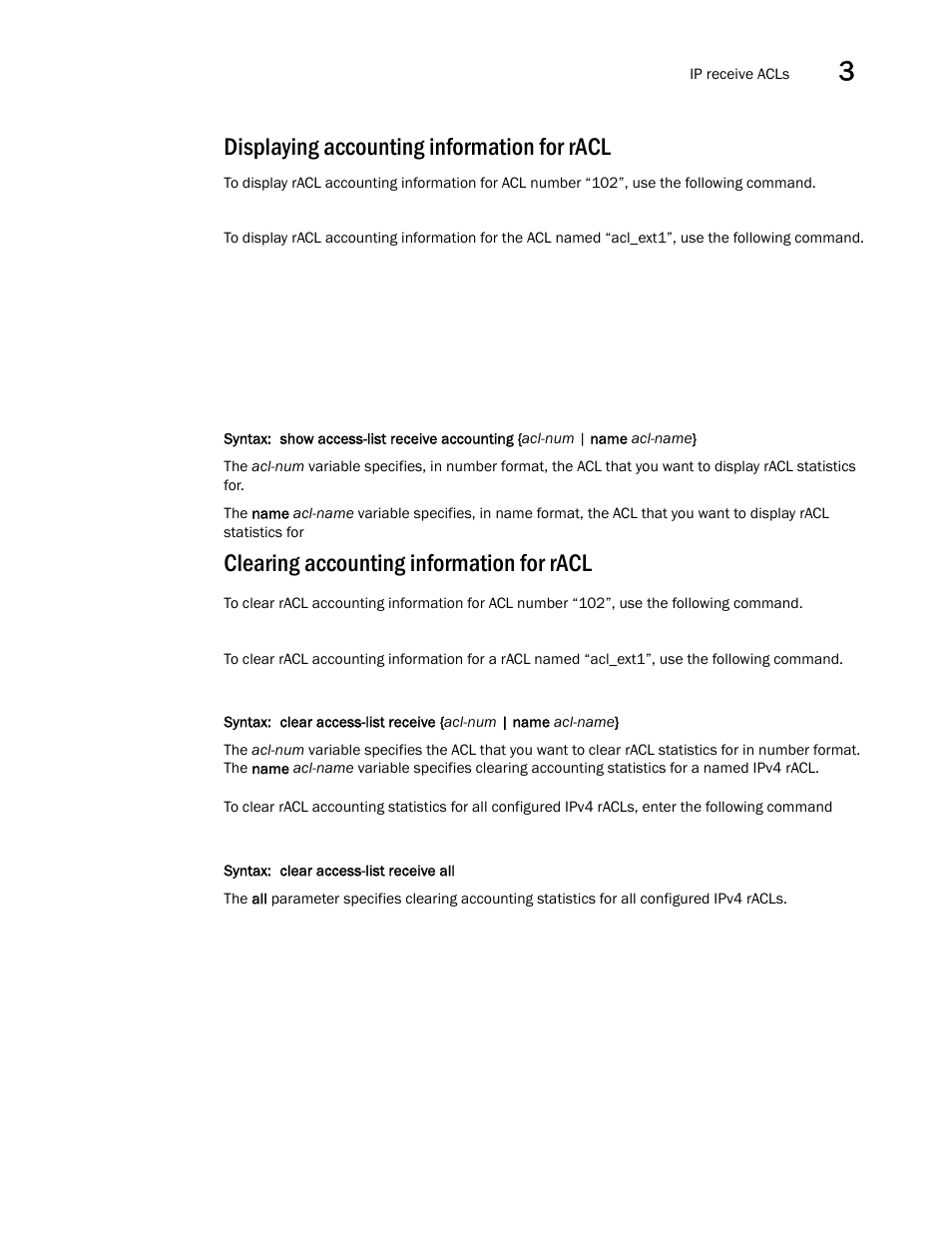 Displaying accounting information for racl, Clearing accounting information for racl | Brocade Multi-Service IronWare Security Configuration Guide (Supporting R05.6.00) User Manual | Page 169 / 370