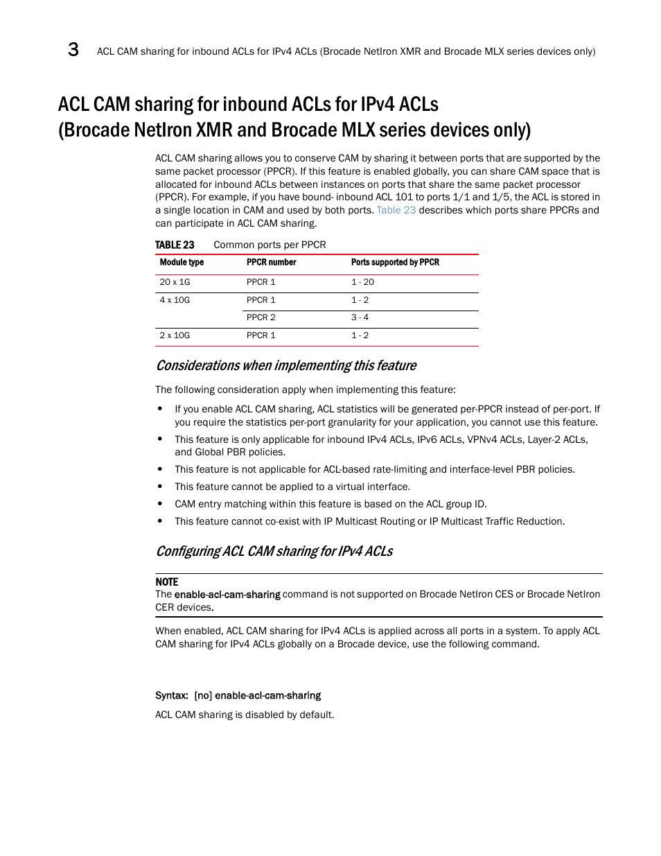 Considerations when implementing this feature, Configuring acl cam sharing for ipv4 acls | Brocade Multi-Service IronWare Security Configuration Guide (Supporting R05.6.00) User Manual | Page 170 / 370