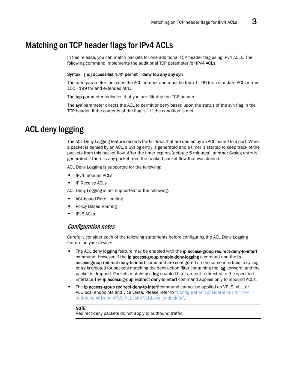 Matching on tcp header flags for ipv4 acls, Acl deny logging | Brocade Multi-Service IronWare Security Configuration Guide (Supporting R05.6.00) User Manual | Page 171 / 370