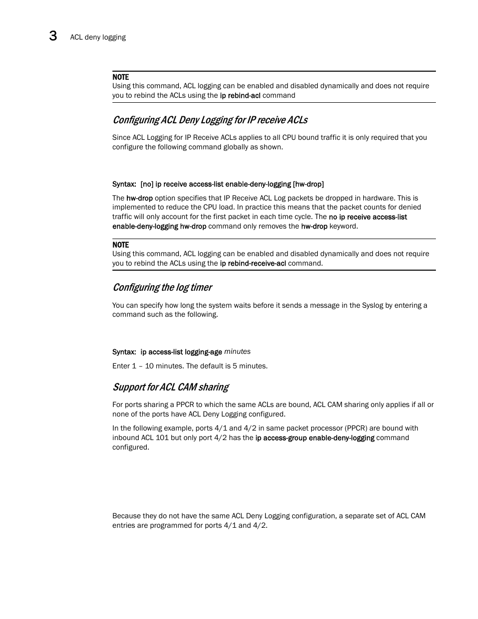 Configuring acl deny logging for ip receive acls, Configuring the log timer, Support for acl cam sharing | Brocade Multi-Service IronWare Security Configuration Guide (Supporting R05.6.00) User Manual | Page 174 / 370