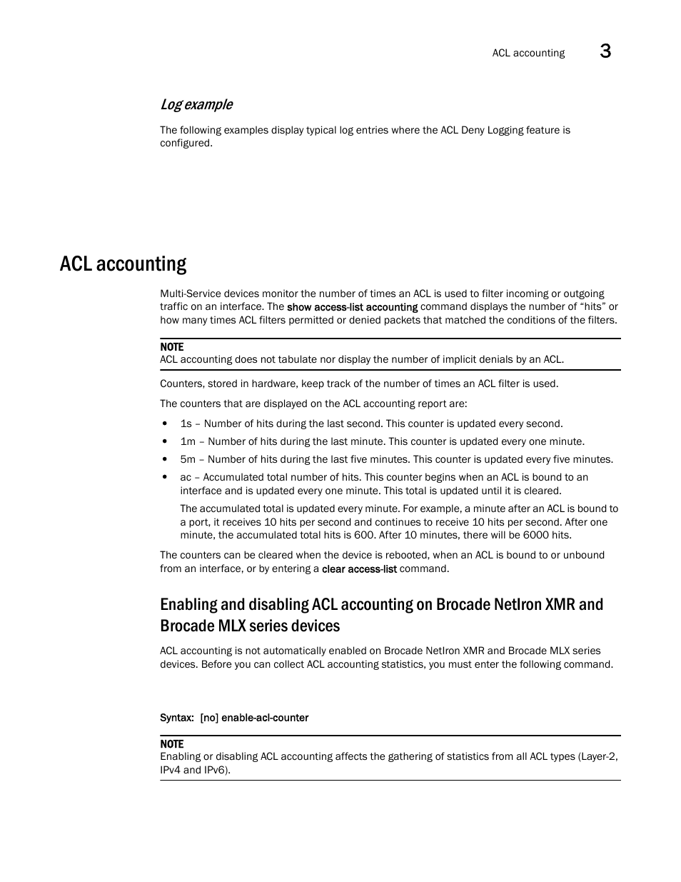 Acl accounting, Log example | Brocade Multi-Service IronWare Security Configuration Guide (Supporting R05.6.00) User Manual | Page 175 / 370