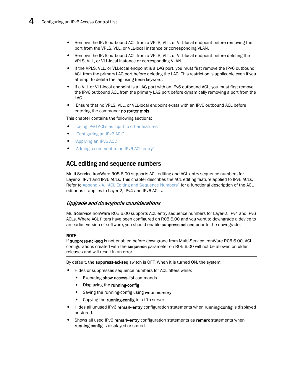 Acl editing and sequence numbers, Upgrade and downgrade considerations | Brocade Multi-Service IronWare Security Configuration Guide (Supporting R05.6.00) User Manual | Page 192 / 370