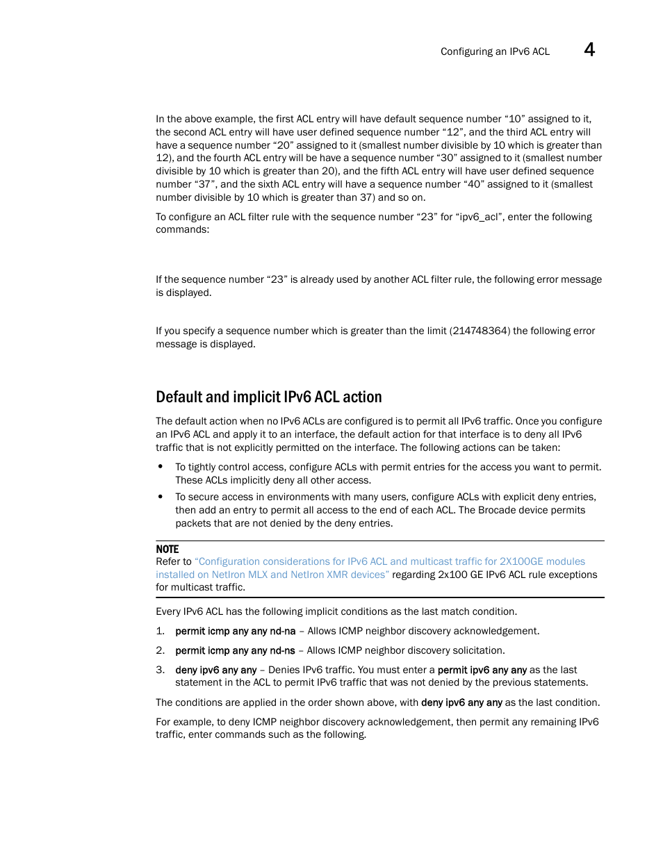 Default and implicit ipv6 acl action | Brocade Multi-Service IronWare Security Configuration Guide (Supporting R05.6.00) User Manual | Page 197 / 370