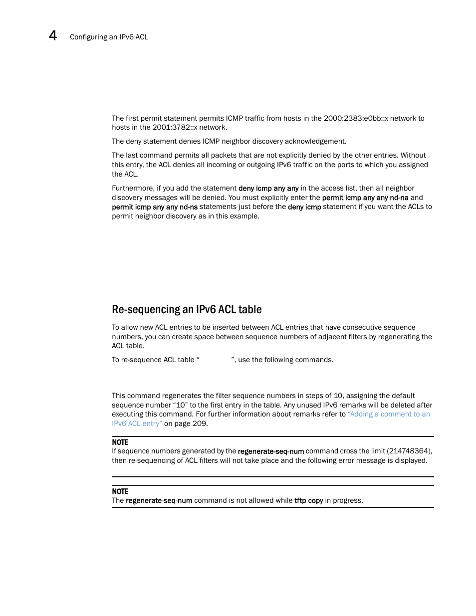 Re-sequencing an ipv6 acl table | Brocade Multi-Service IronWare Security Configuration Guide (Supporting R05.6.00) User Manual | Page 198 / 370