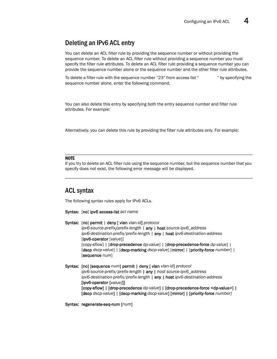 Deleting an ipv6 acl entry, Acl syntax | Brocade Multi-Service IronWare Security Configuration Guide (Supporting R05.6.00) User Manual | Page 199 / 370