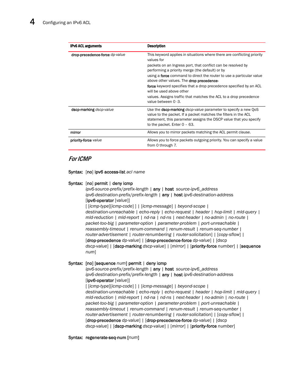 For icmp | Brocade Multi-Service IronWare Security Configuration Guide (Supporting R05.6.00) User Manual | Page 202 / 370
