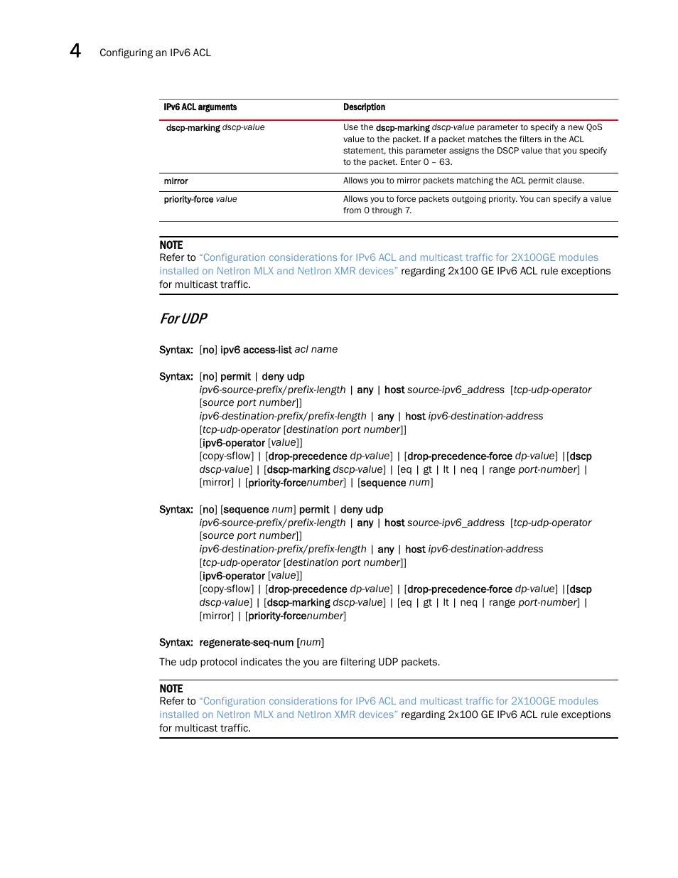 For udp | Brocade Multi-Service IronWare Security Configuration Guide (Supporting R05.6.00) User Manual | Page 210 / 370