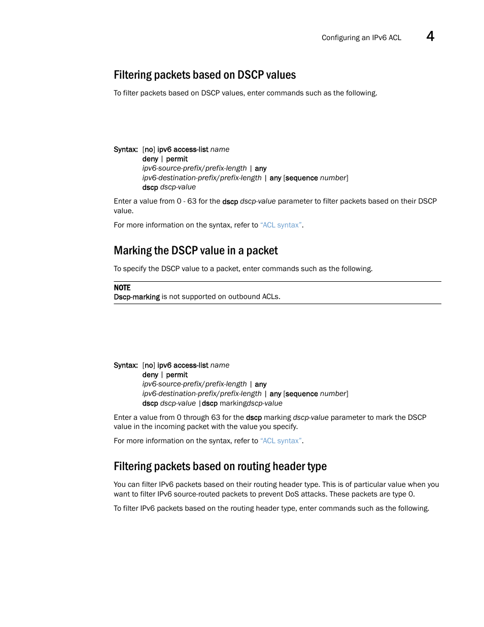 Filtering packets based on dscp values, Marking the dscp value in a packet, Filtering packets based on routing header type | Brocade Multi-Service IronWare Security Configuration Guide (Supporting R05.6.00) User Manual | Page 213 / 370