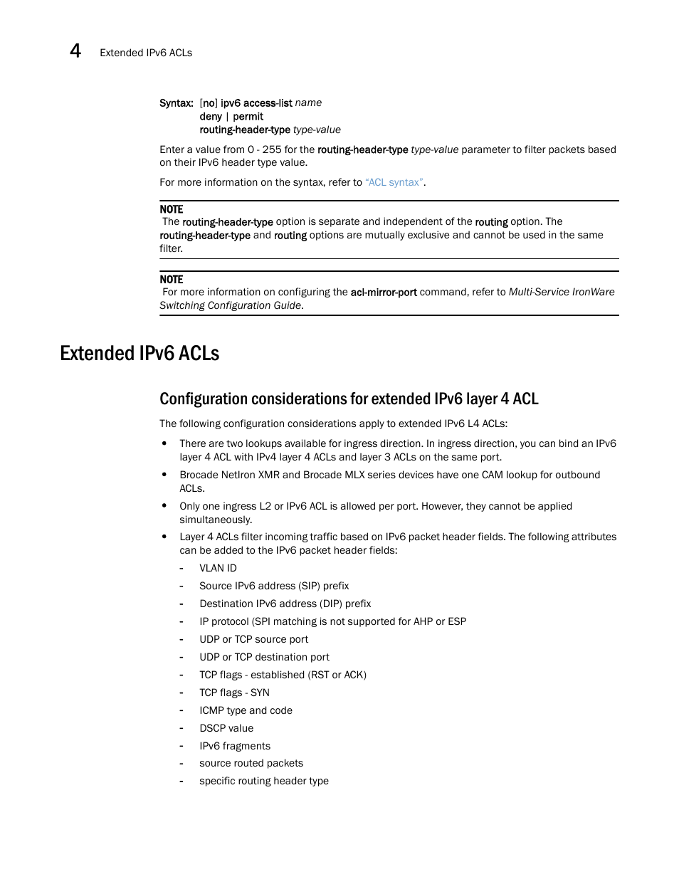 Extended ipv6 acls | Brocade Multi-Service IronWare Security Configuration Guide (Supporting R05.6.00) User Manual | Page 214 / 370