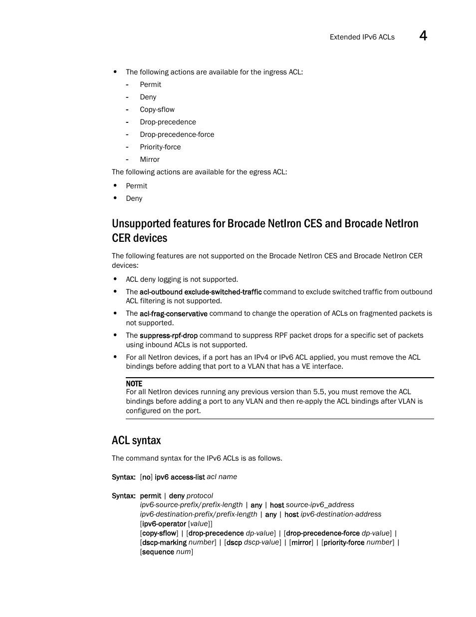 Acl syntax | Brocade Multi-Service IronWare Security Configuration Guide (Supporting R05.6.00) User Manual | Page 215 / 370